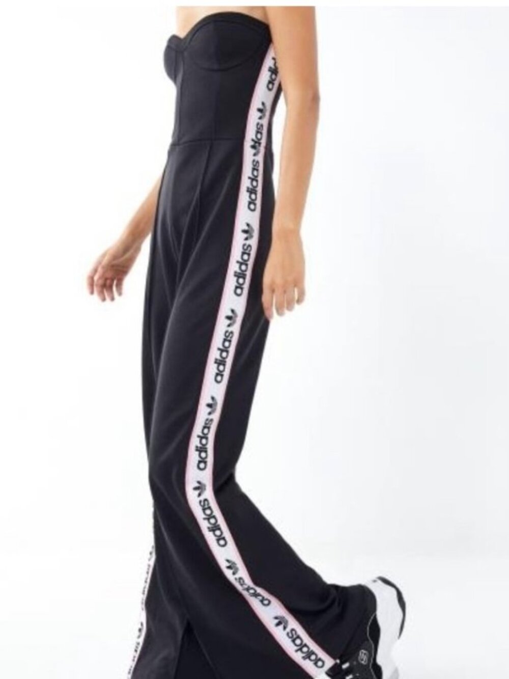 RARE Adidas Wide Leg Strapless Jumpsuit Logo NWT L DESIGNER - Picture 2 of 9